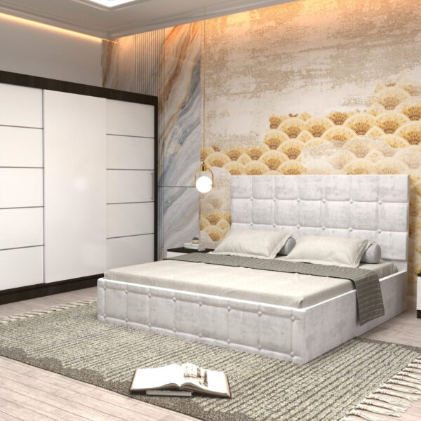 Dormitor Regal cu Pat Matrimonial Alb Stofa Dulap usi glisante 250 x 200 cm Wenghe cu usi glisante Albe Fara Oglinda si Noptiere