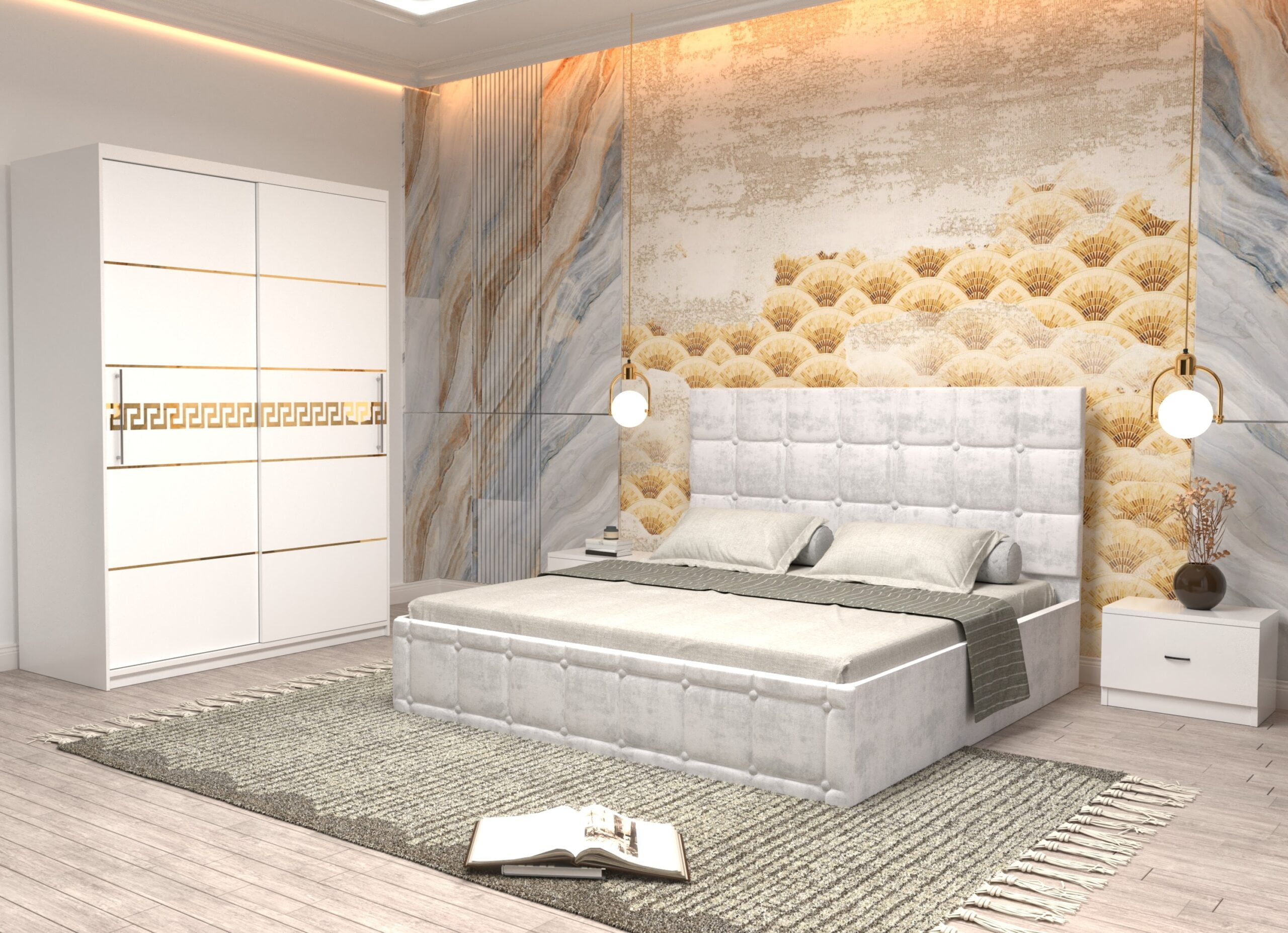 a20-scaled-1.jpg Dormitor Regal cu Pat Matrimonial Alb Stofa Dulap Gold usi glisante 150 x 200 cm Sonoma cu usi glisante Albe Fara Oglinda si Noptiere - imagine 1