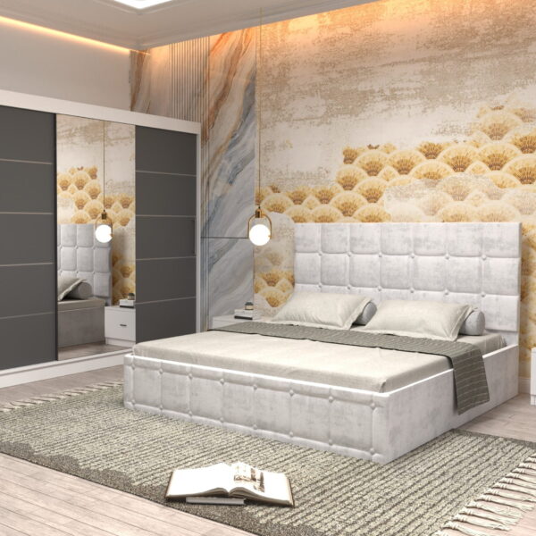 Dormitor Regal cu Pat Matrimonial Alb Stofa Dulap usi glisante 250 x 200 cm Alb cu usi glisante Gri cu Oglinda si Noptiere