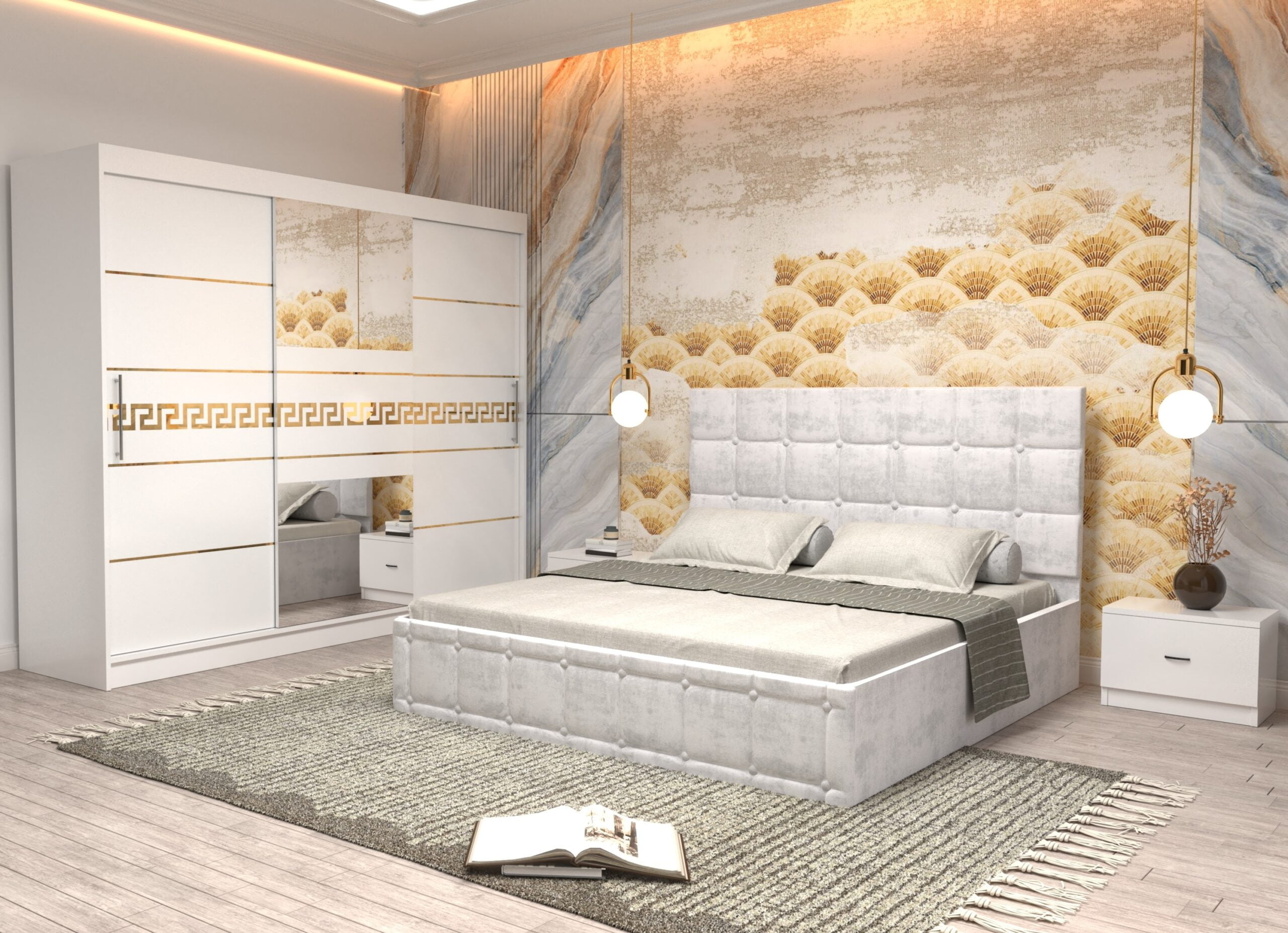 a5-scaled-1.jpg Dormitor Regal cu Pat Matrimonial Alb Stofa Dulap Gold usi glisante 250 x 200 cm Alb cu usi glisante Albe Cu Oglinda si Noptiere - imagine 1