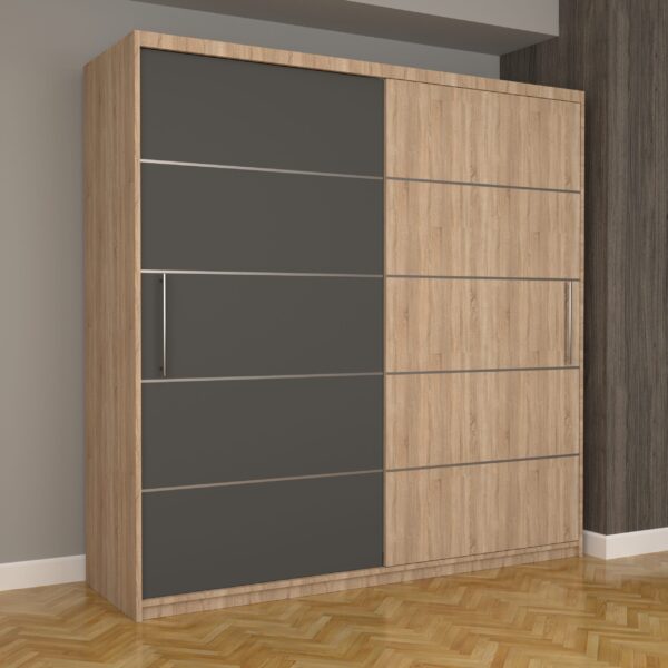 Dulap Dormitor Nova Plus 200 cm x 200 cm, fara oglinda, Sonoma cu usi glisante Gri Sonoma