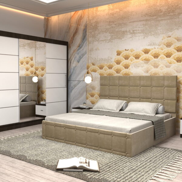 Dormitor Regal cu Pat Matrimonial Bej Stofa Dulap usi glisante 250 x 200 cm Wenghe cu usi Albe Cu Oglinda si Noptiere