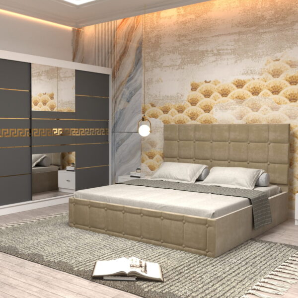 Dormitor Regal cu Pat Matrimonial Bej Stofa Dulap Gold usi glisante 250 x 200 cm Alb cu usi Gri cu Oglinda si Noptiere