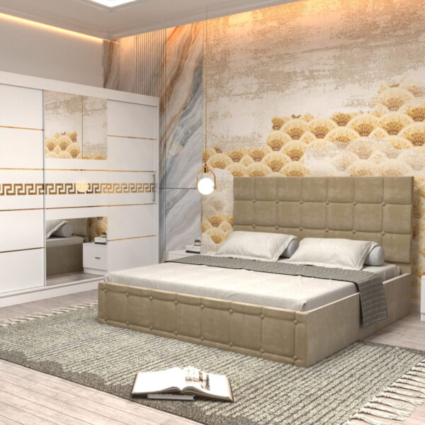 Dormitor Regal cu Pat Matrimonial Bej Stofa Dulap Gold usi glisante 250 x 200 cm Alb cu usi Albe Cu Oglinda si Noptiere
