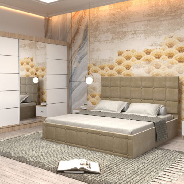 Dormitor Regal cu Pat Matrimonial Bej Stofa Dulap usi glisante 250 x 200 cm Sonoma cu usi Albe Cu Oglinda si Noptiere