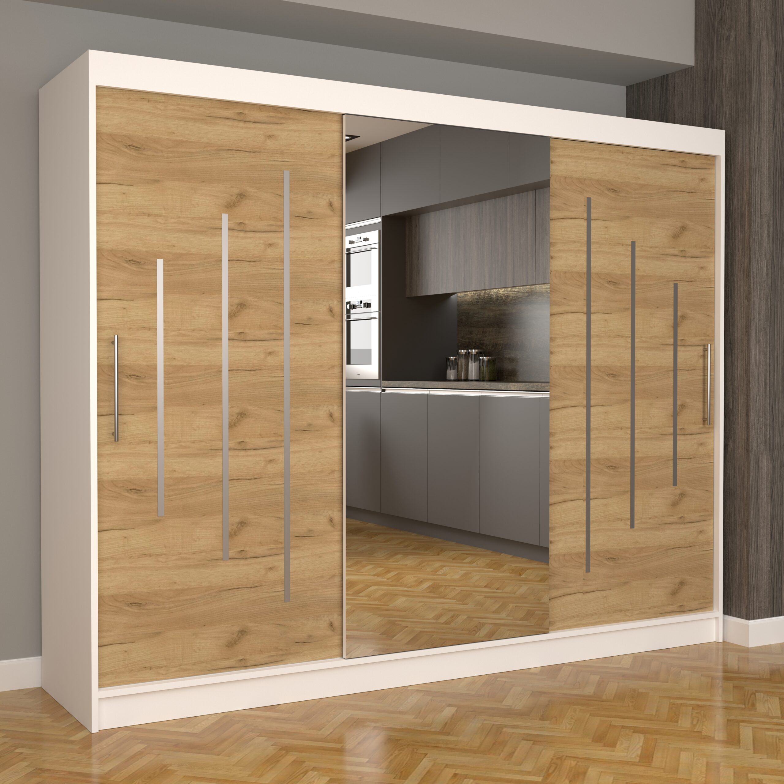 c-1-scaled-1.jpg Dulap Dormitor Nova Ultra 250 cm x 200 cm , cu Oglinda , Alb cu usi glisante Oak Craft Gold - imagine 1