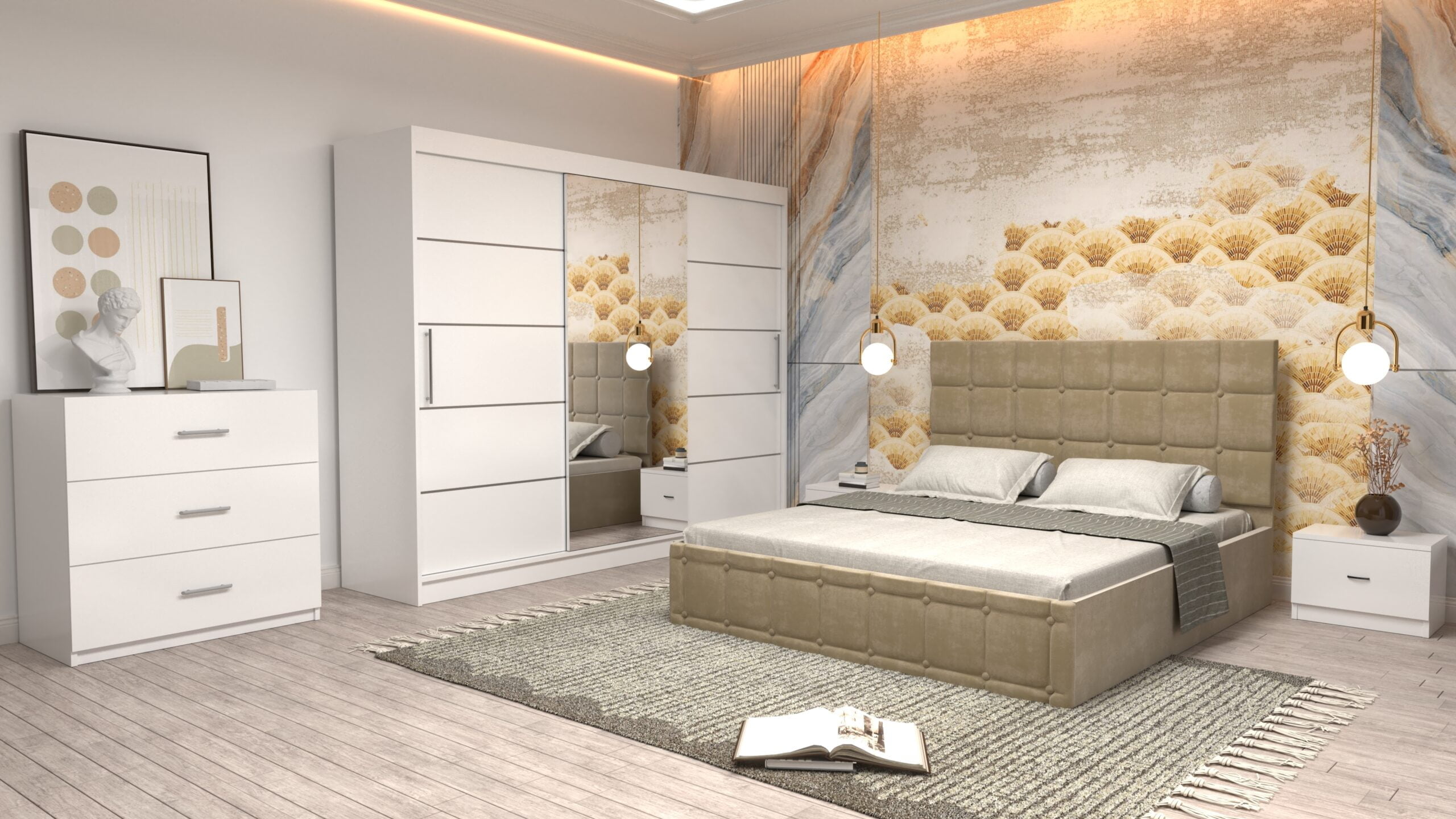 cbej-1-scaled-1.jpg Dormitor Regal cu Pat Matrimonial Bej Stofa Dulap usi glisante 250 x 200 cm Alb cu usi Albe Cu Oglinda Noptiere si comoda TV - imagine 1