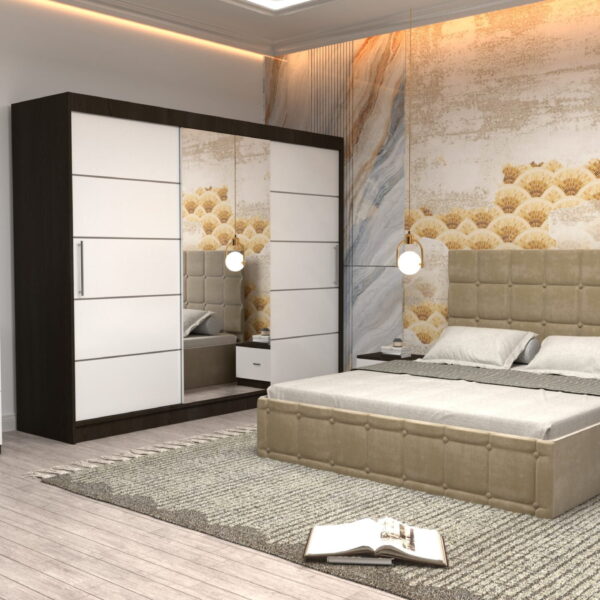 Dormitor Regal cu Pat Matrimonial Bej Stofa Dulap usi glisante 250 x 200 cm Wenghe cu usi Albe Cu Oglinda Noptiere si comoda TV