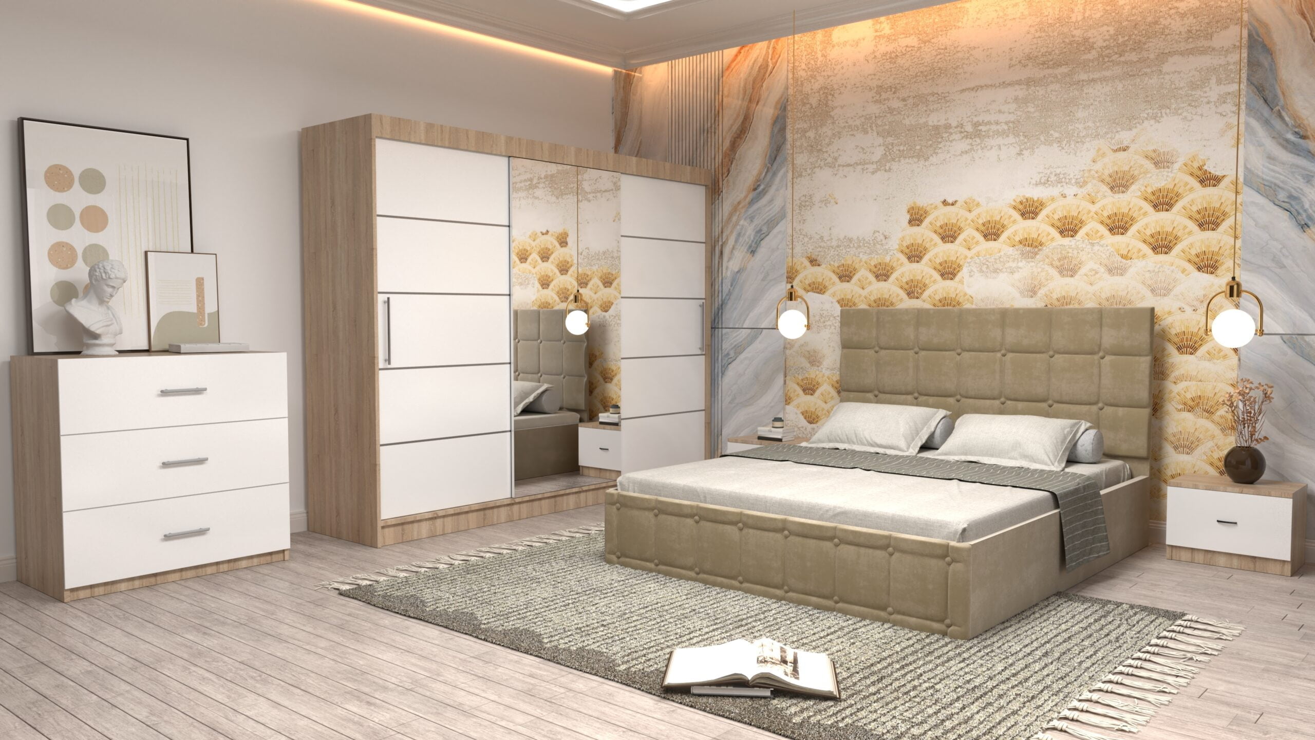 cbej-7-scaled-1.jpg Dormitor Regal cu Pat Matrimonial Bej Stofa Dulap usi glisante 250 x 200 cm Sonoma cu usi Albe Cu Oglinda Noptiere si comoda TV - imagine 1