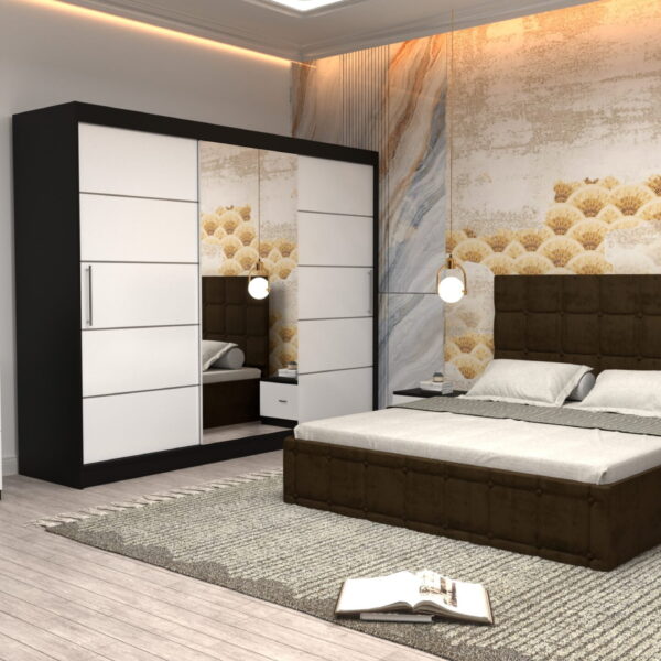 Dormitor Regal cu Pat Matrimonial Maro Stofa Dulap usi glisante 250 x 200 cm Wenghe cu usi Albe Cu Oglinda Noptiere si comoda TV