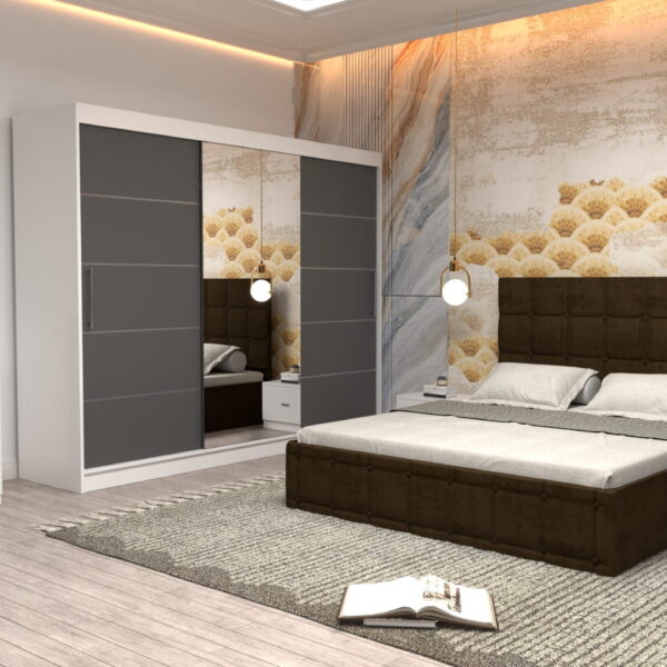 Dormitor Regal cu Pat Matrimonial Maro Stofa Dulap usi glisante 250 x 200 cm Alb cu usi Gri cu Oglinda Noptiere si comoda TV