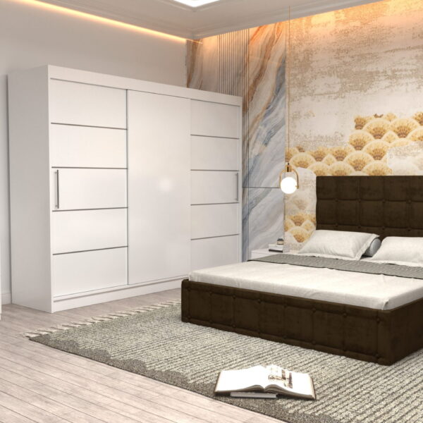 Dormitor Regal cu Pat Matrimonial Maro Stofa Dulap usi glisante 250 x 200 cm Alb cu usi Albe Fara Oglinda Noptiere si comoda TV