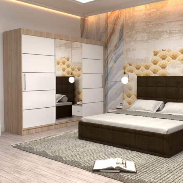 Dormitor Regal cu Pat Matrimonial Maro Stofa Dulap usi glisante 250 x 200 cm Sonoma cu usi Albe Cu Oglinda Noptiere si comoda TV