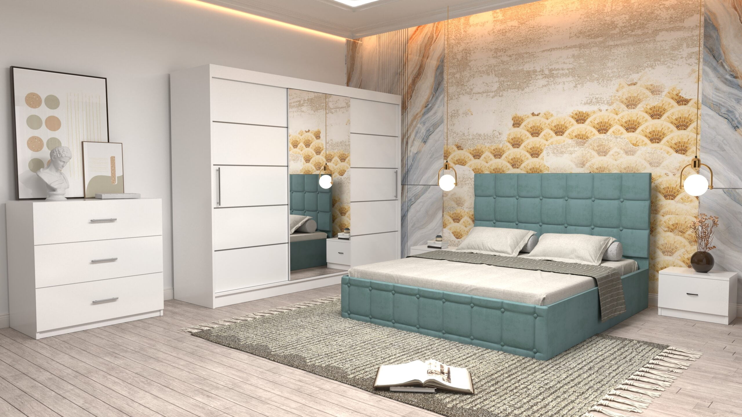 ctur-1-scaled-1.jpg Dormitor Regal cu Pat Matrimonial Turcoaz Stofa Dulap usi glisante 250 x 200 cm Alb cu usi Albe Cu Oglinda Noptiere si comoda TV - imagine 1