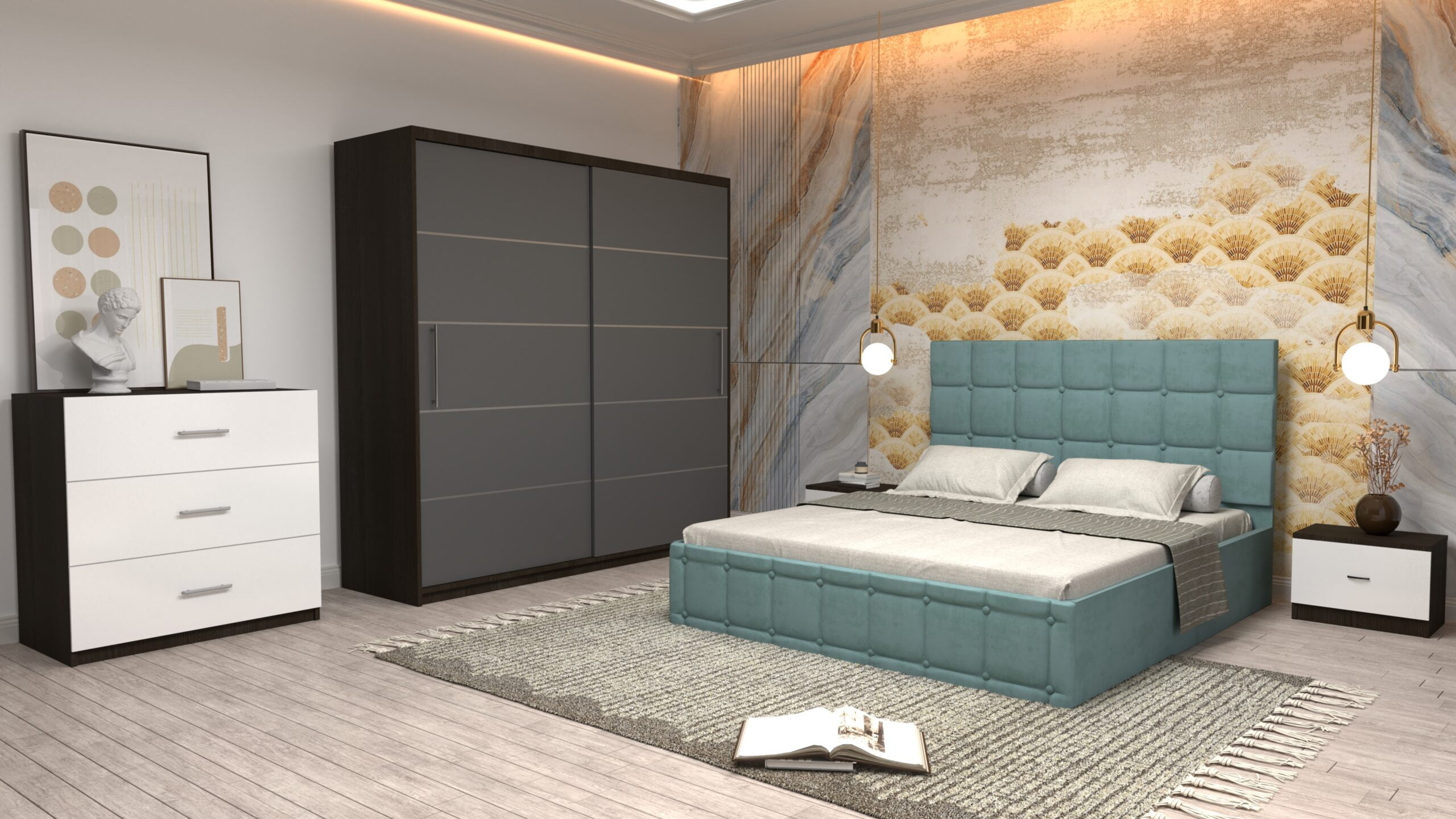 ctur-17-scaled-1.jpg Dormitor Regal cu Pat Matrimonial Turcoaz Stofa Dulap usi glisante 200 x 200 cm Wenghe cu usi Gri Fara Oglinda Noptiere si comoda TV - imagine 1