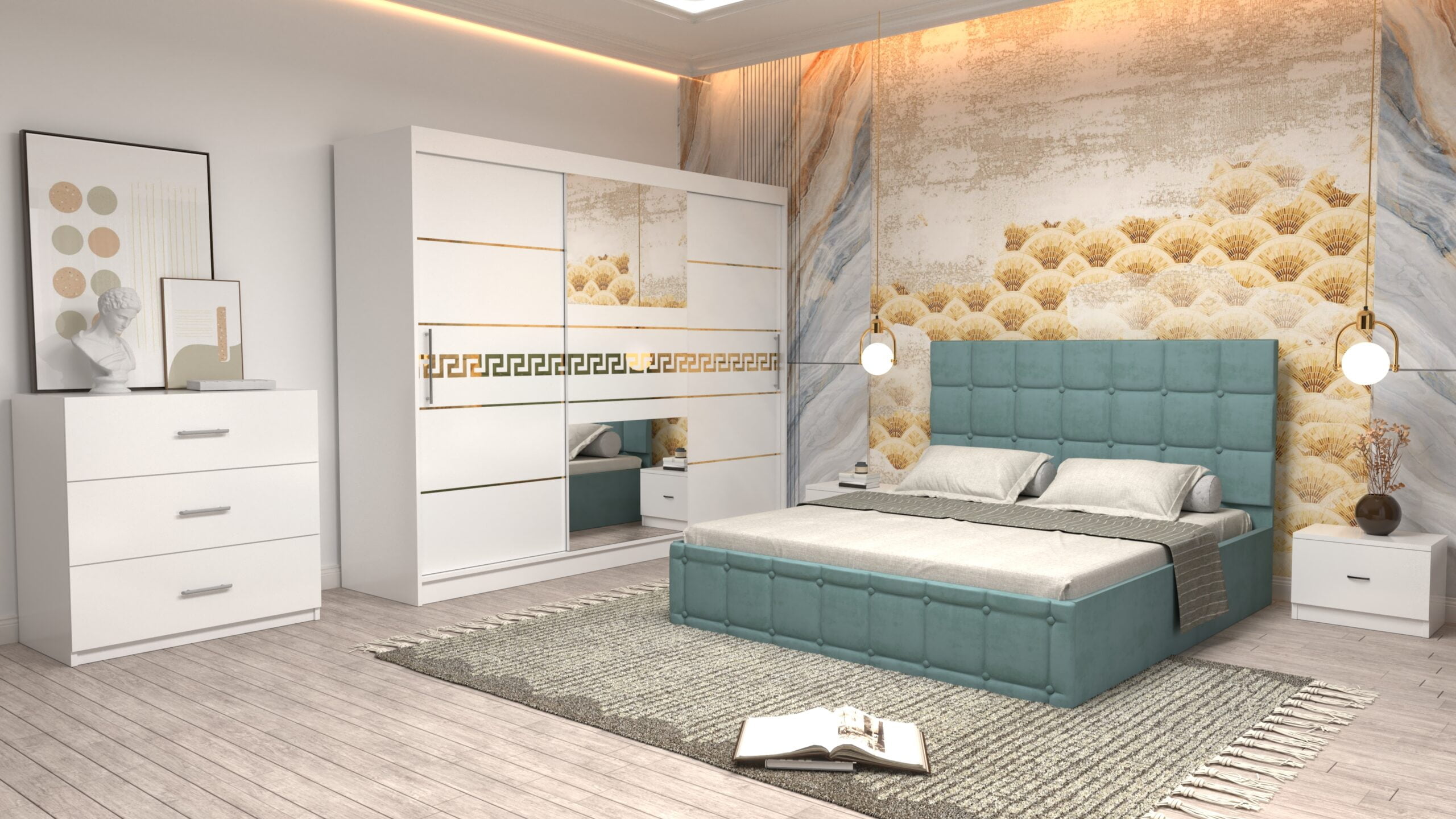 ctur-5-scaled-1.jpg Dormitor Regal cu Pat Matrimonial Turcoaz Stofa Dulap Gold usi glisante 250 x 200 cm Alb cu usi Albe Cu Oglinda Noptiere si comoda TV - imagine 1