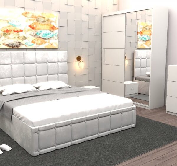 Set Dormitor Regal cu Pat Tapitat Alb stofa cu dulap usi glisante Alb cu oglinda si cu comoda Tv