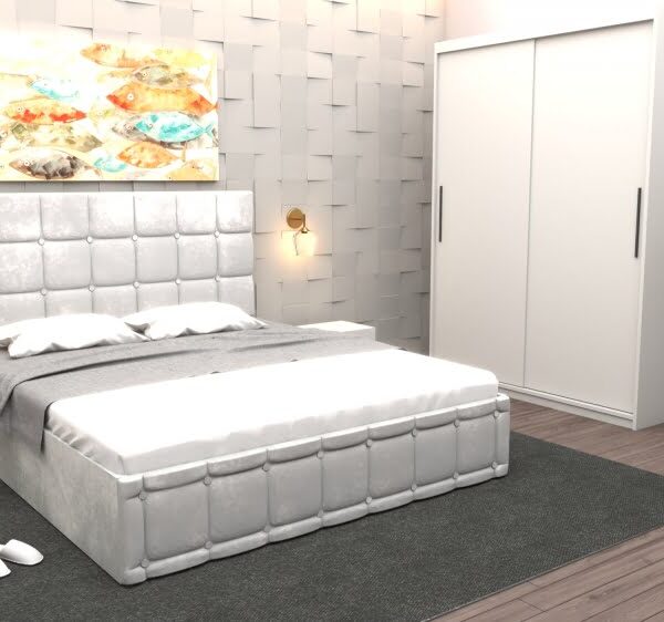 Set Dormitor Regal cu Pat Tapitat Alb stofa cu dulap usi glisante Alb fara oglinda si fara comoda Tv