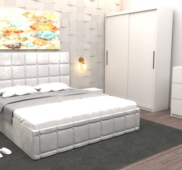 Set Dormitor Regal cu Pat Tapitat Alb stofa cu dulap usi glisante Alb fara oglinda si cu comoda Tv