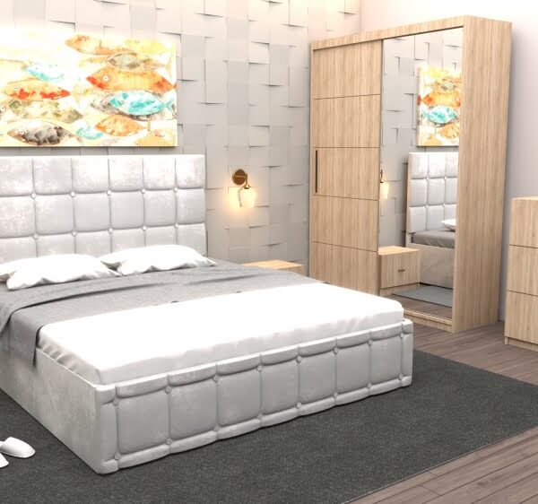 Set Dormitor Regal cu Pat Tapitat Alb stofa cu dulap usi glisante Sonoma cu oglinda si cu comoda Tv