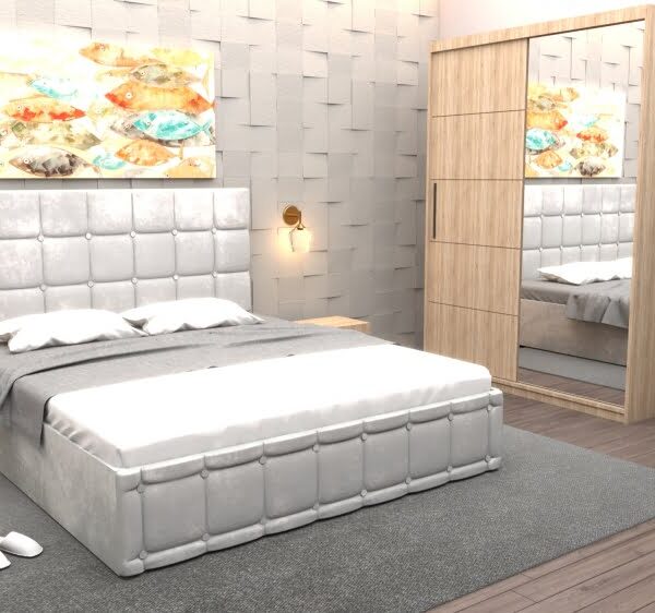 Set Dormitor Regal cu Pat Tapitat Alb stofa cu dulap usi glisante Sonoma cu oglinda si fara comoda Tv