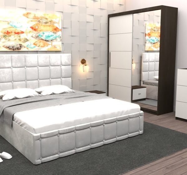 Set Dormitor Regal cu Pat Tapitat Alb stofa cu dulap usi glisante Wenge cu oglinda si comoda Tv