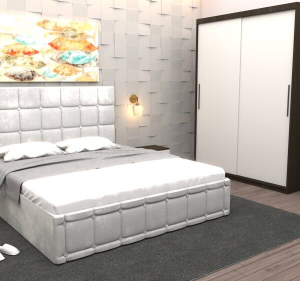 Set Dormitor Regal cu Pat Tapitat Alb stofa cu dulap usi glisante Alb cu oglinda si fara comoda Tv