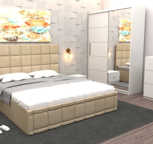 Set Dormitor Regal cu Pat Tapitat Bej stofa cu dulap usi glisante Alb cu oglinda si cu comoda Tv