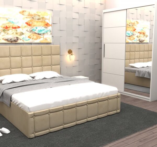 Set Dormitor Regal cu Pat Tapitat Bej stofa cu dulap usi glisante Alb cu oglinda si fara comoda Tv