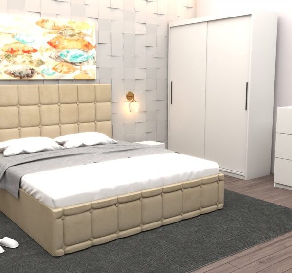 Set Dormitor Regal cu Pat Tapitat Bej stofa cu dulap usi glisante Alb fara oglinda si cu comoda Tv