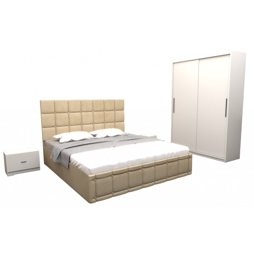 dormitor-regal-cu-pat-tapitat-bej-stofa-cu-dulap-usi-glisante-alb-fara-oglinda-si-fara-comoda-tv-1.jpg Set Dormitor Regal cu Pat Tapitat Bej stofa cu dulap usi glisante Alb fara oglinda si fara comoda Tv - imagine 2