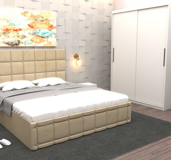 Set Dormitor Regal cu Pat Tapitat Bej stofa cu dulap usi glisante Alb fara oglinda si fara comoda Tv