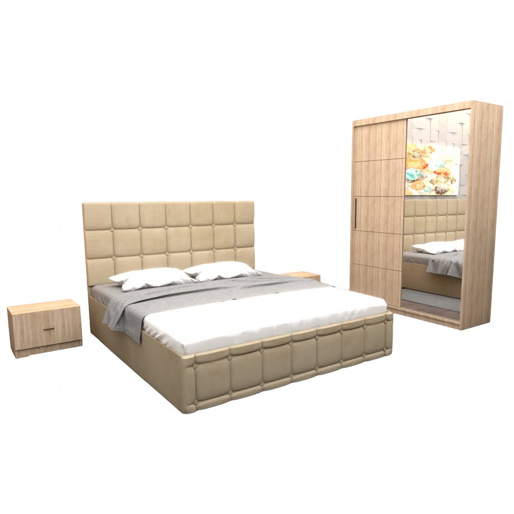 dormitor-regal-cu-pat-tapitat-bej-stofa-cu-dulap-usi-glisante-sonoma-cu-oglinda-si-fara-comoda-tv-1.jpg Set Dormitor Regal cu Pat Tapitat Bej stofa cu dulap usi glisante Sonoma cu oglinda si fara comoda Tv - imagine 2