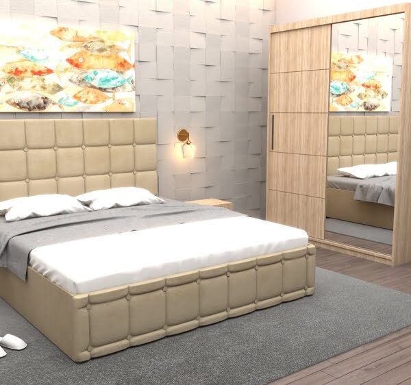 Set Dormitor Regal cu Pat Tapitat Bej stofa cu dulap usi glisante Sonoma cu oglinda si fara comoda Tv