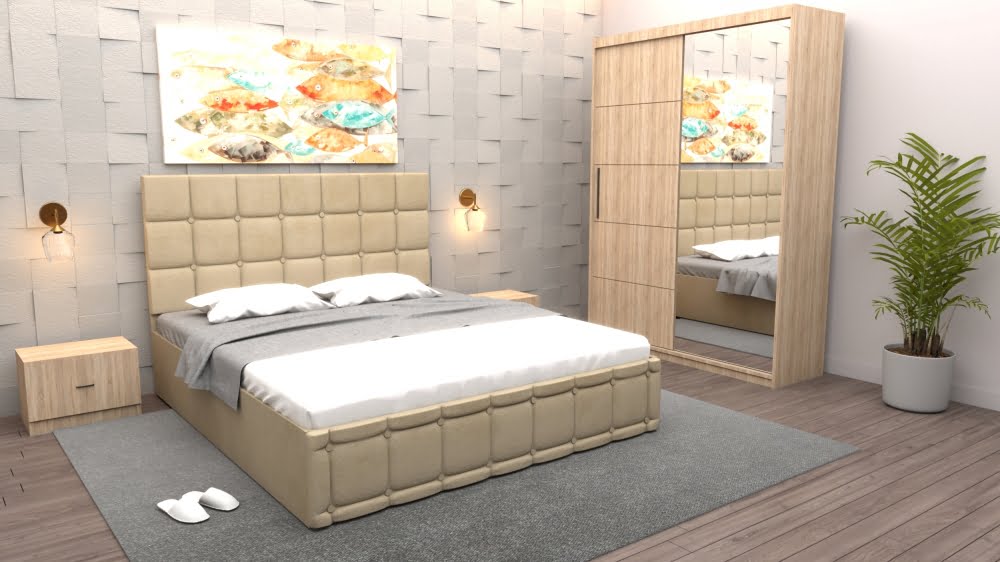 dormitor-regal-cu-pat-tapitat-bej-stofa-cu-dulap-usi-glisante-sonoma-cu-oglinda-si-fara-comoda-tv.jpg Set Dormitor Regal cu Pat Tapitat Bej stofa cu dulap usi glisante Sonoma cu oglinda si fara comoda Tv - imagine 1