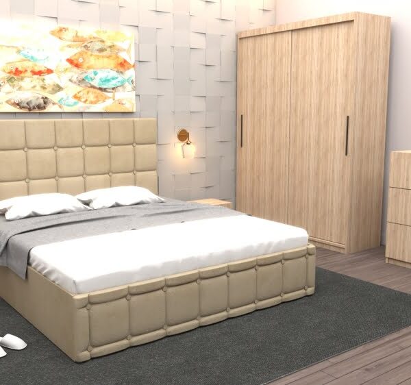Set Dormitor Regal cu Pat Tapitat Bej stofa cu dulap usi glisante Sonoma fara oglinda si cu comoda Tv