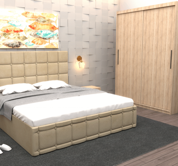 Set Dormitor Regal cu Pat Tapitat Bej stofa cu dulap usi glisante Sonoma fara oglinda si fara comoda Tv