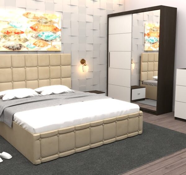 Set Dormitor Regal cu Pat Tapitat Bej stofa cu dulap usi glisante Wenge cu oglinda si cu comoda Tv