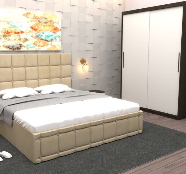 Set Dormitor Regal cu Pat Tapitat Bej stofa cu dulap usi glisante Wenge fara oglinda si fara comoda Tv