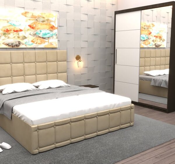 Set Dormitor Regal cu Pat Tapitat Bej stofa cu dulap usi glisante Wenge fara oglinda si fara comoda Tv