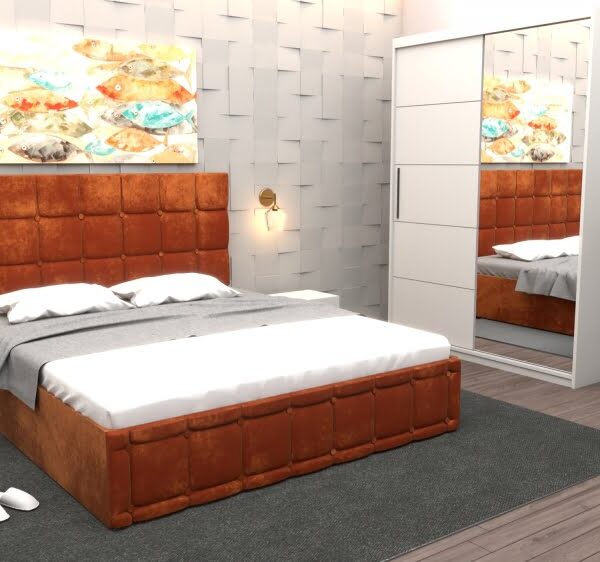 Set Dormitor Regal cu Pat Tapitat Caramiziu stofa cu dulap usi glisante Alb cu oglinda si fara comoda Tv