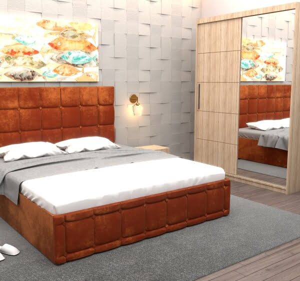 Set Dormitor Regal cu Pat Tapitat Caramiziu stofa cu dulap usi glisante Sonoma cu oglinda si fara comoda Tv