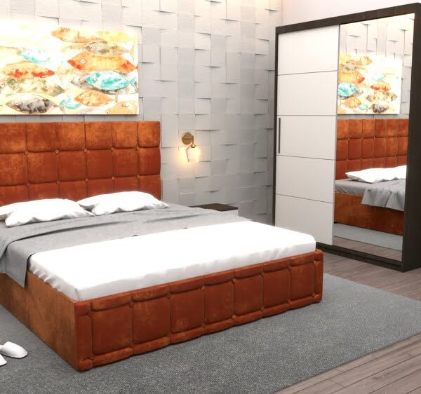 Set Dormitor Regal cu Pat Tapitat Caramiziu stofa cu dulap usi glisante Wenge cu oglinda si fara comoda Tv