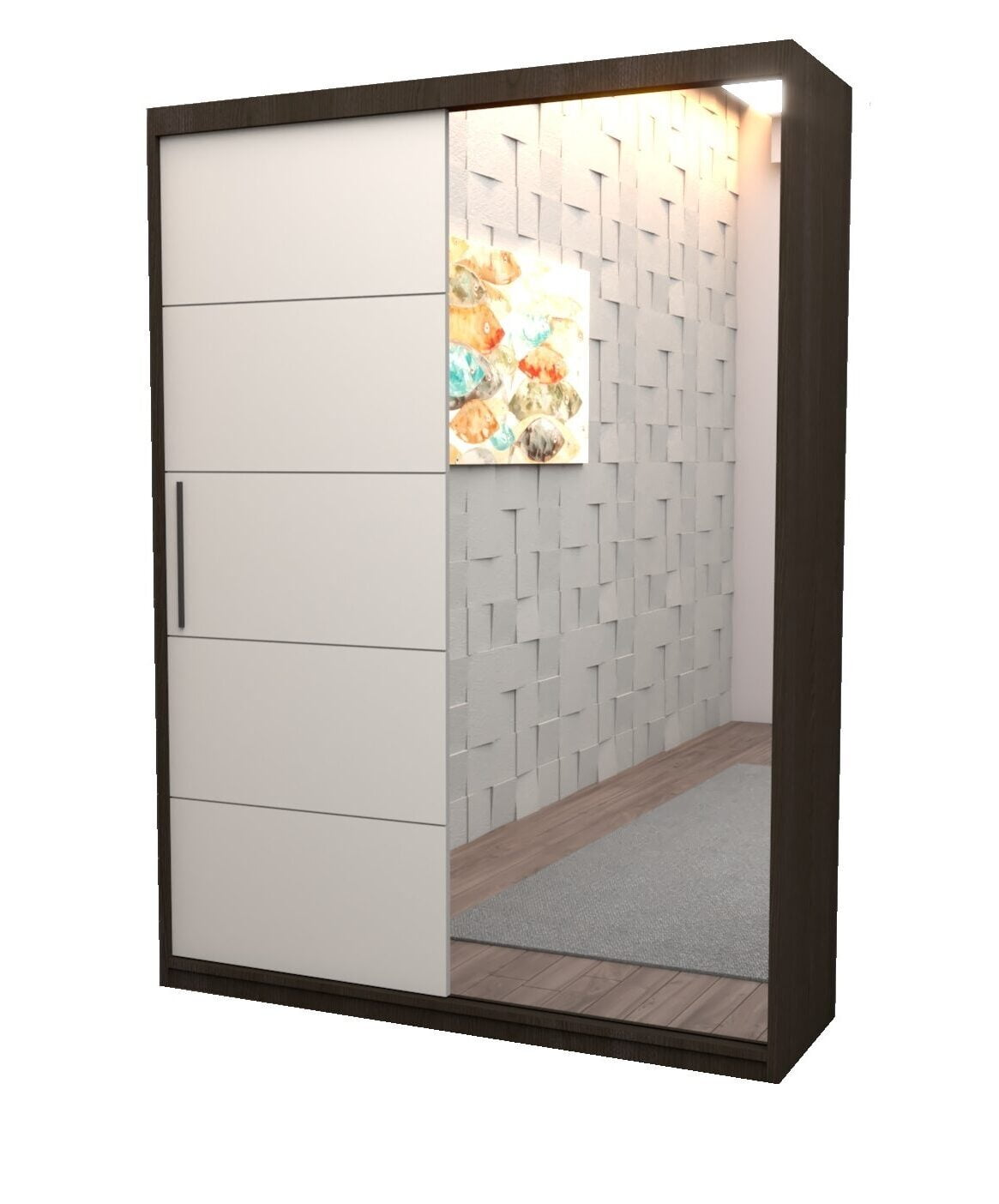 dulap-magia-mirror-1-a-e1680884000455.jpg Dressing Violeta 150 cm Wenghe cu usi Albe glisante cu oglinda - imagine 1