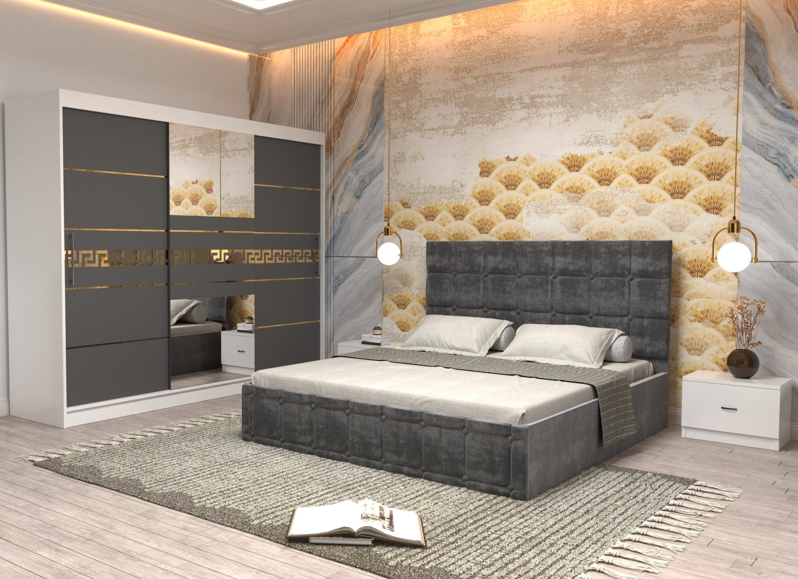 gri-3-scaled-1.jpg Dormitor Regal cu Pat Matrimonial Gri Stofa Dulap Gold usi glisante 250 x 200 cm Alb cu usi Gri cu Oglinda si Noptiere - imagine 1