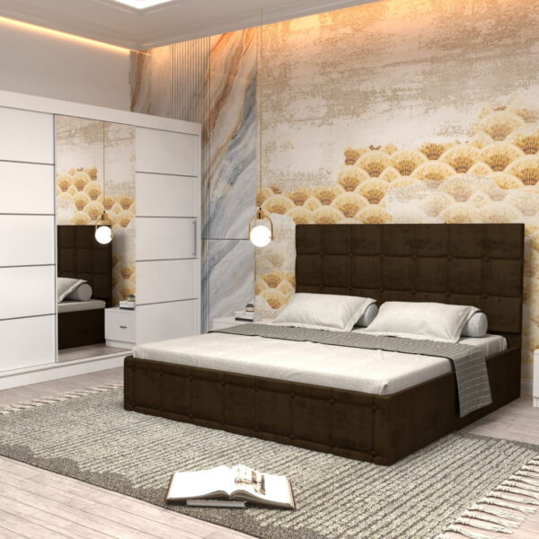 Dormitor Regal cu Pat Matrimonial Maro Stofa Dulap usi glisante 250 x 200 cm Alb cu usi Albe Cu Oglinda si Noptiere
