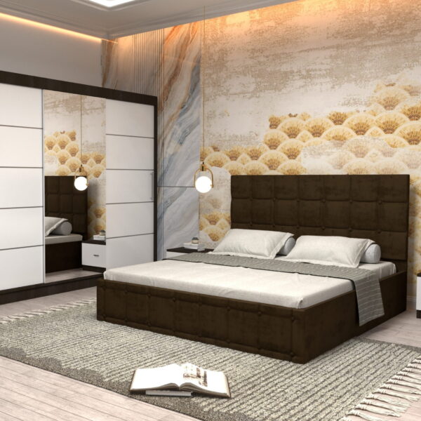 Dormitor Regal cu Pat Matrimonial Maro Stofa Dulap usi glisante 250 x 200 cm Wenghe cu usi Albe Cu Oglinda si Noptiere