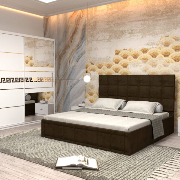 Dormitor Regal cu Pat Matrimonial Maro Stofa Dulap Gold usi glisante 200 x 200 cm Alb cu usi Albe Cu Oglinda si Noptiere