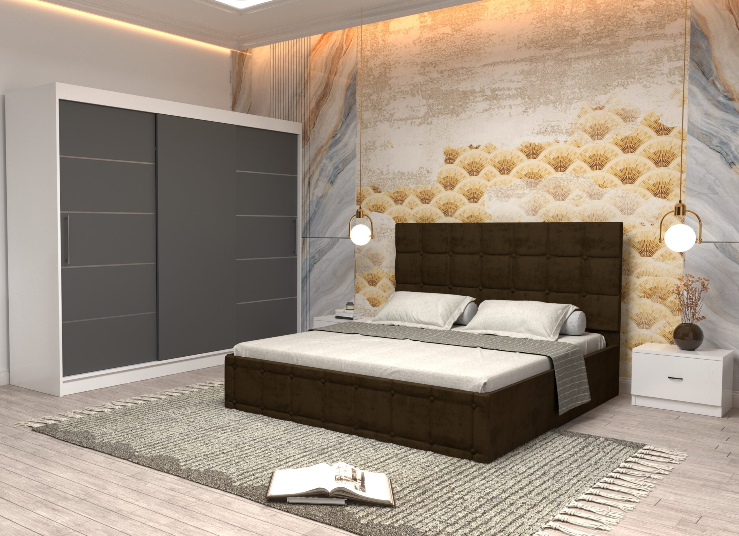 maro-2-scaled-1.jpg Dormitor Regal cu Pat Matrimonial Maro Stofa Dulap usi glisante 250 x 200 cm Alb cu usi Gri Fara Oglinda si Noptiere - imagine 1