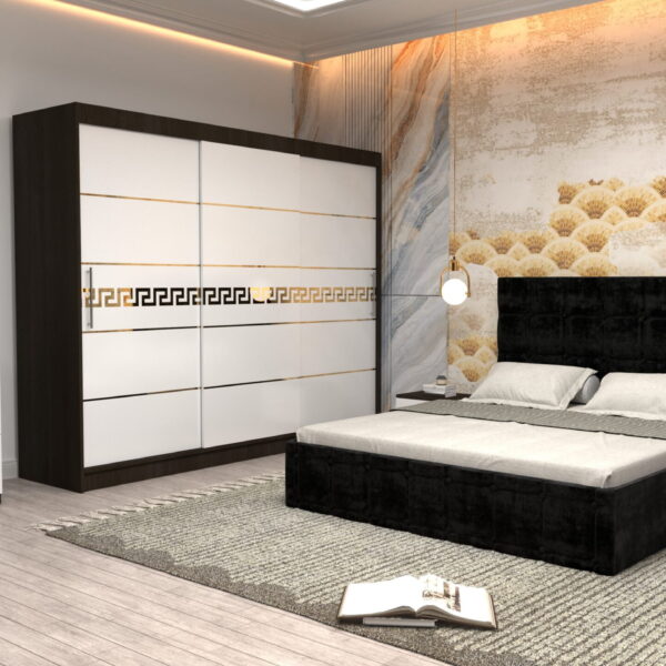 Dormitor Regal cu Pat Matrimonial Negru Stofa Dulap Gold usi glisante 250 x 200 cm Wenghe cu usi Albe Fara Oglinda Noptiere si comoda TV